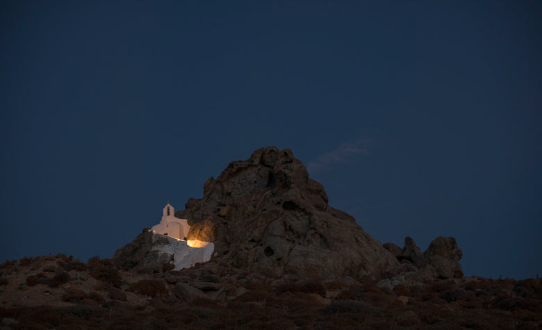 Night lit church in the Naxian mountains